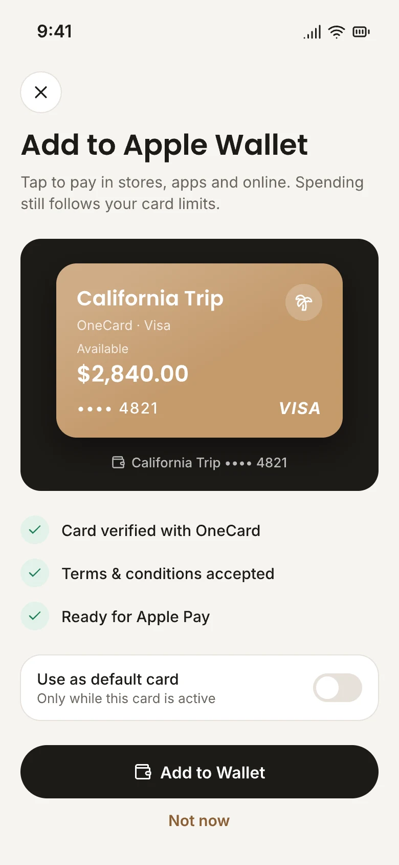 Adding a OneCard card to Apple Wallet