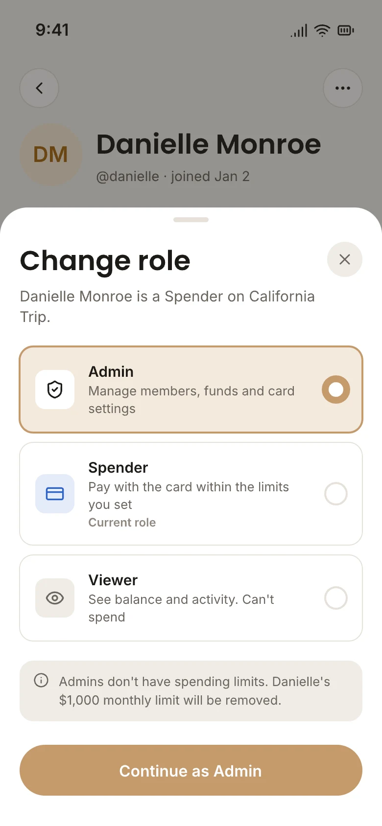 The OneCard app's Change role sheet, with Admin, Spender and Viewer options