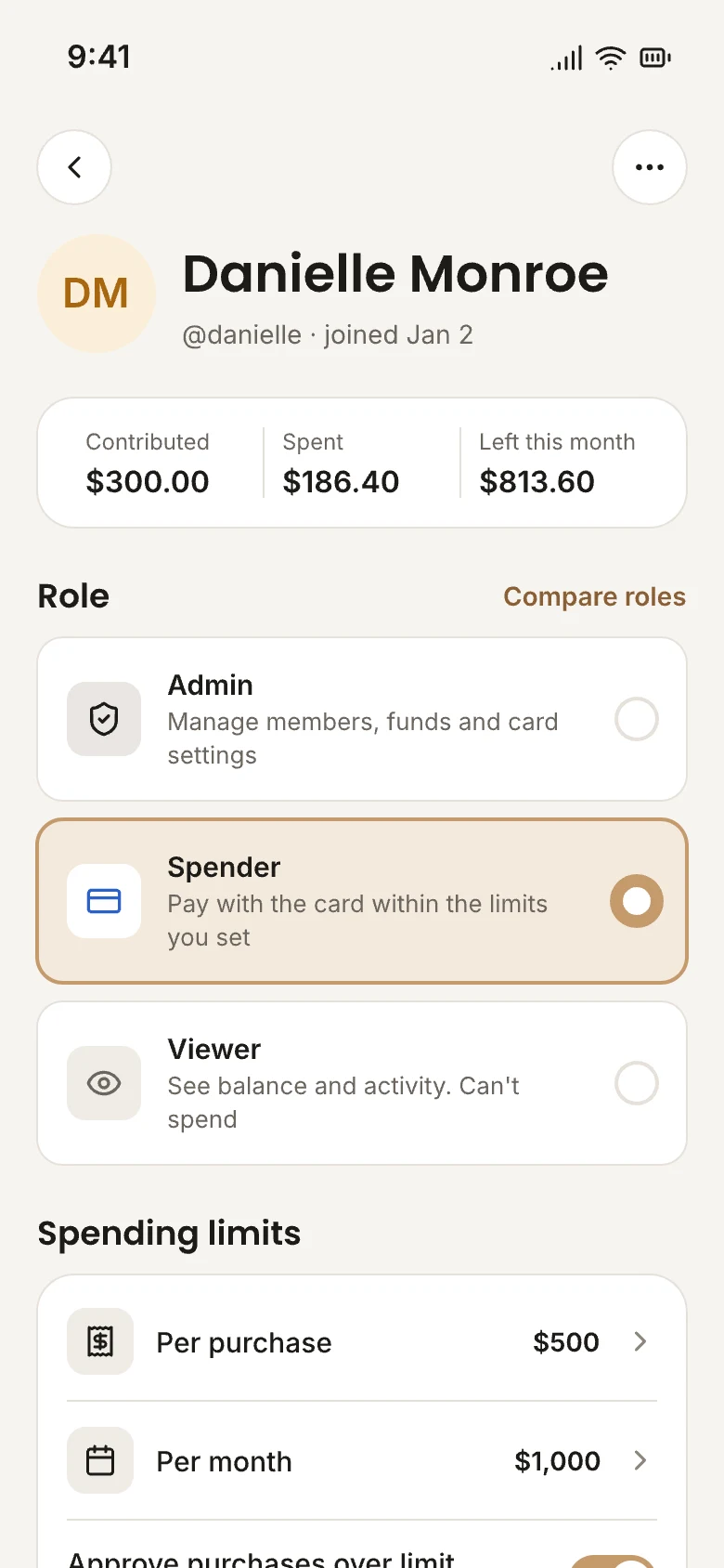 The OneCard app's member permissions page, showing a Spender's role and spending limits