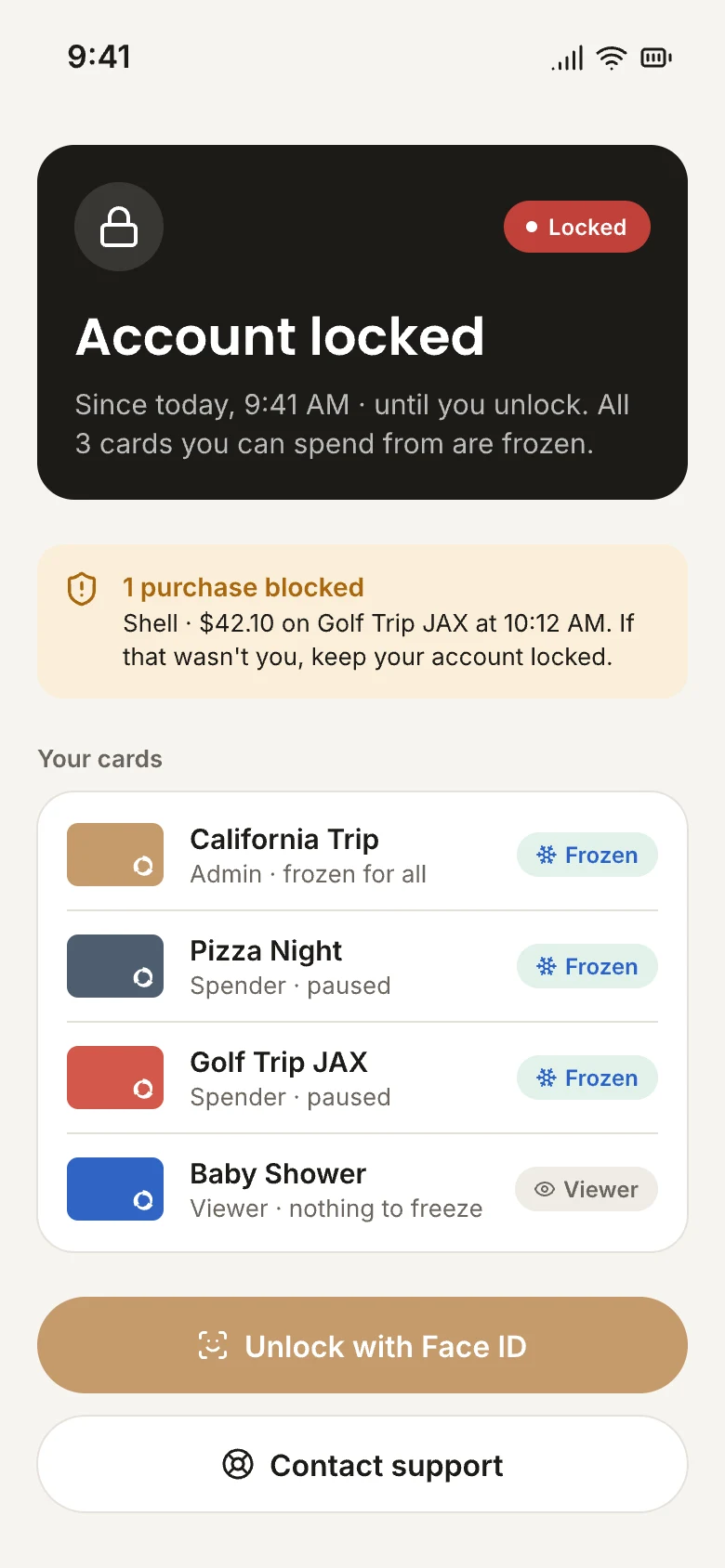 The OneCard app showing a locked account, with every card frozen and one purchase blocked