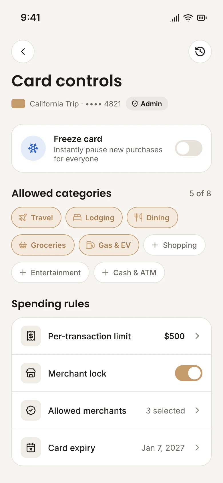 The OneCard app's card controls: freeze card, allowed categories, a per-transaction limit, merchant lock and card expiry