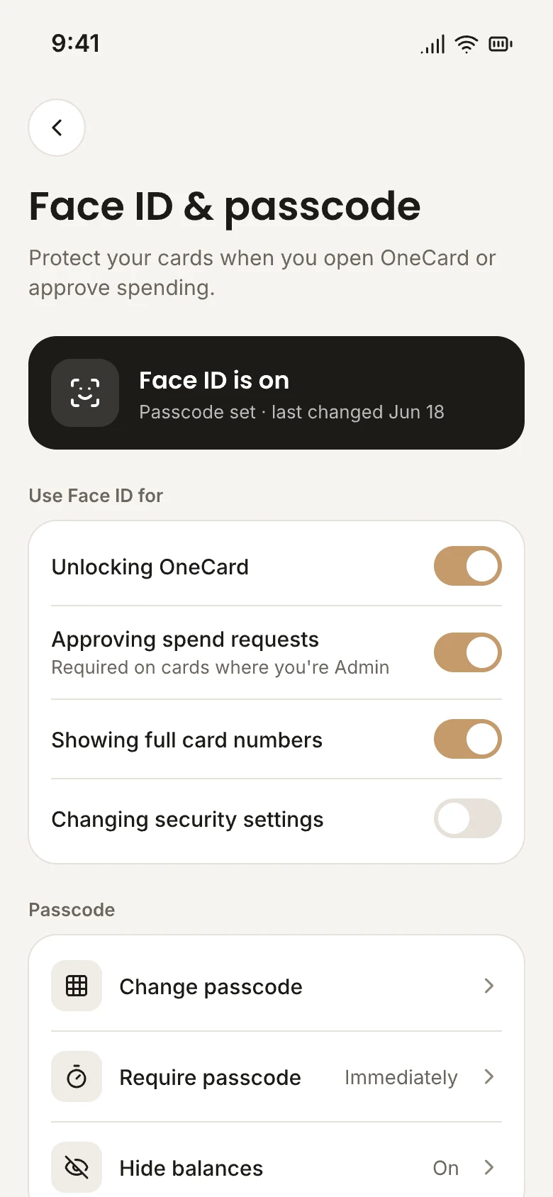 The OneCard app's Face ID and passcode settings
