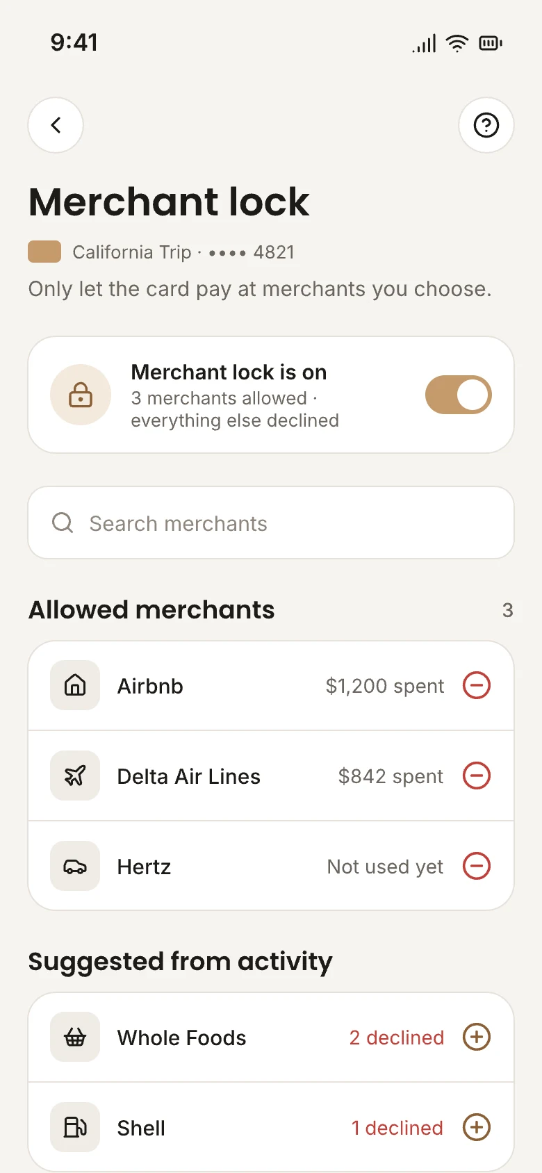 The OneCard app's merchant lock screen: the card only works at Airbnb, Delta Air Lines and Hertz