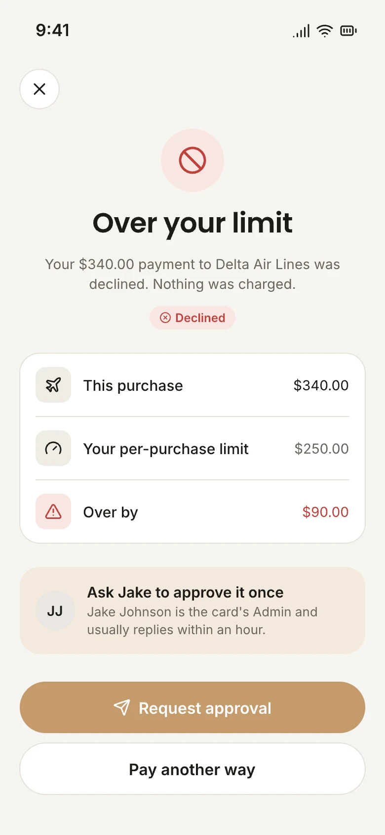 The OneCard app declining a $340 purchase that's over a $250 per-purchase limit